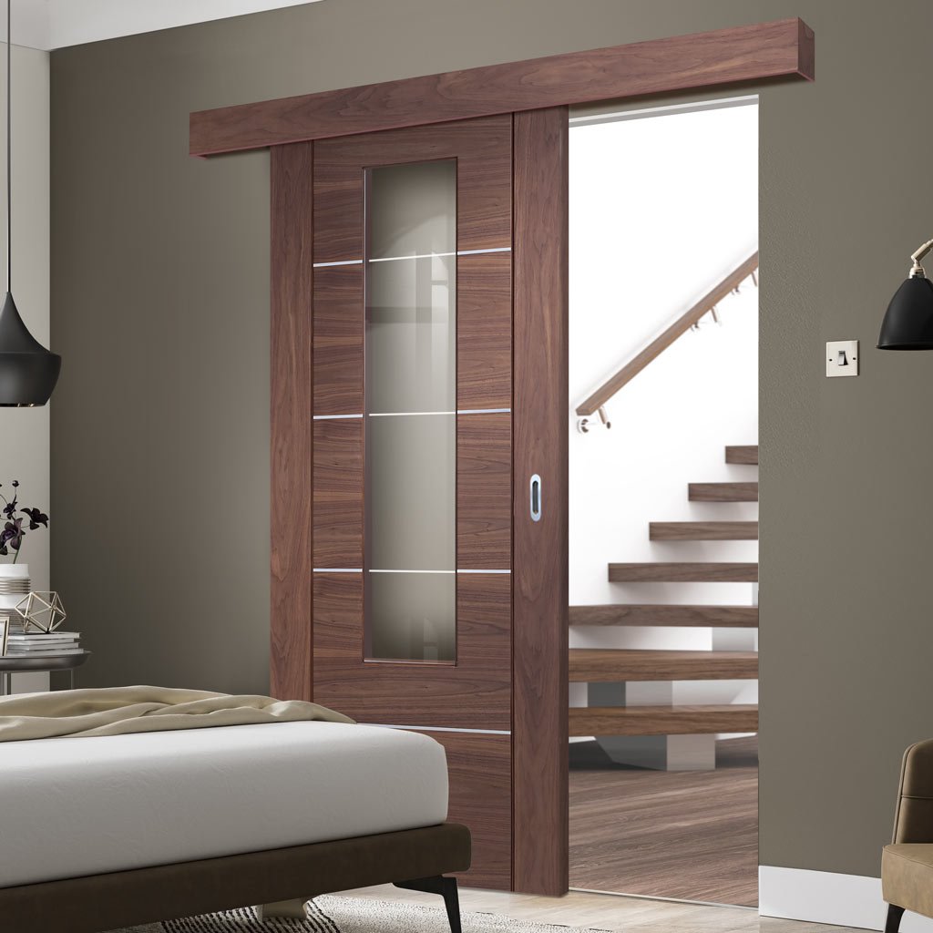 Bespoke Thruslide Surface Portici Walnut Glazed - Sliding Door and Track Kit - Aluminium Inlay - Prefinished