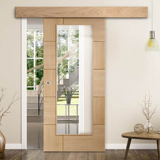 Image: Bespoke Thruslide Surface Ravenna Oak Glazed - Sliding Door and Track Kit - Prefinished