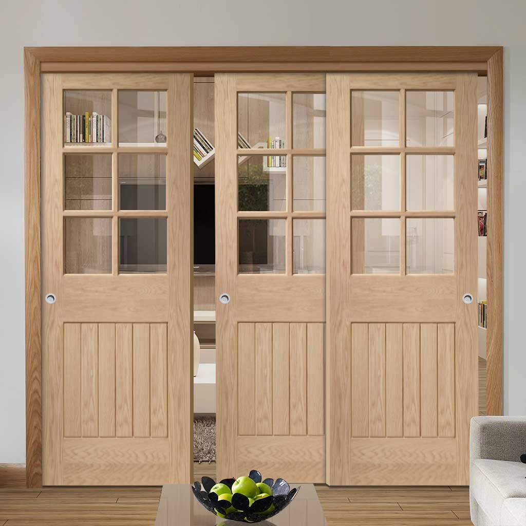 Bespoke Thruslide Suffolk Oak 6 Pane Glazed - 3 Sliding Doors and Frame Kit - Prefinished