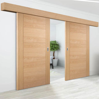 Image: Bespoke Thruslide Surface Vancouver Oak 5P Flush Door - Prefinished Sliding Double Door and Track Kit