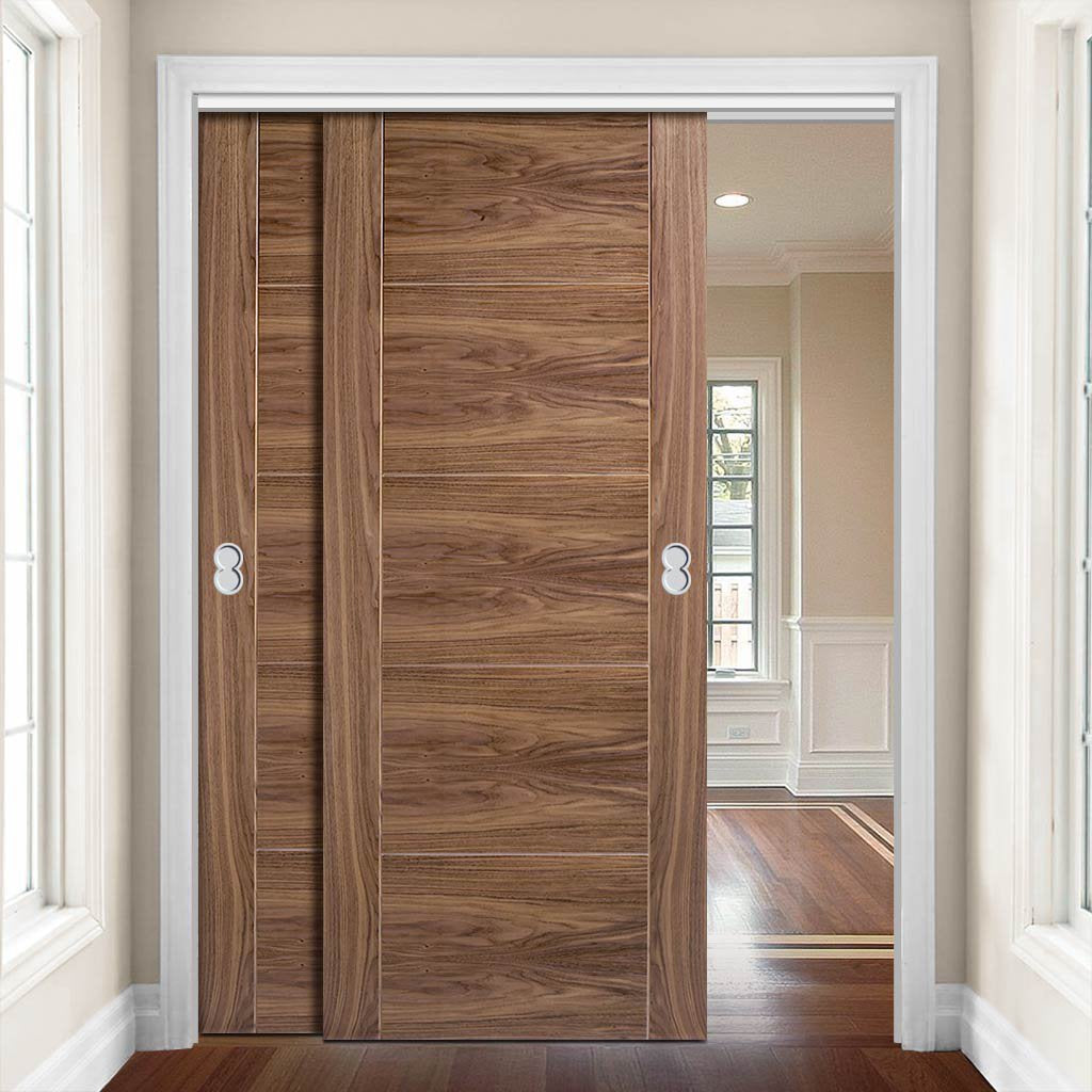 Bespoke Thruslide Vancouver Walnut 5P Flush Door - 2 Sliding Doors and Frame Kit - Prefinished