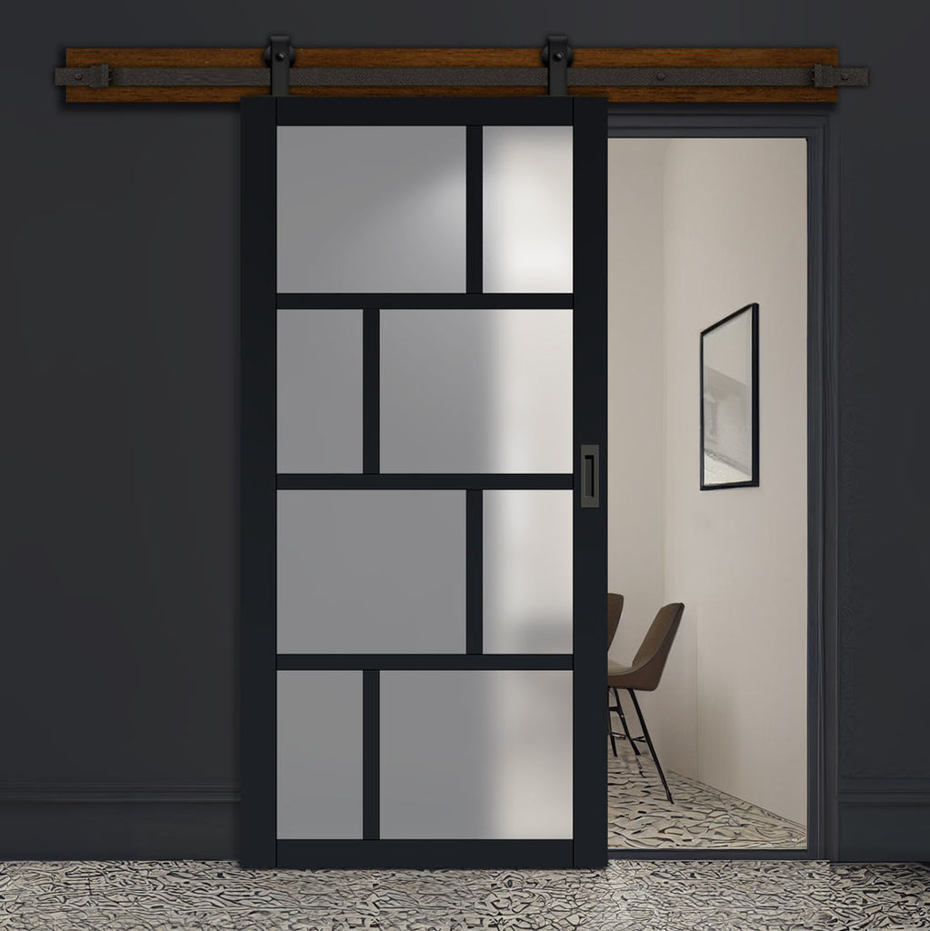 Top Mounted Black Sliding Track & Solid Wood Door - Eco-Urban® Kochi 8 Pane Solid Wood Door DD6415SG Frosted Glass - Shadow Black Premium Primed