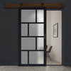 Top Mounted Black Sliding Track & Solid Wood Door - Eco-Urban® Kochi 8 Pane Solid Wood Door DD6415SG Frosted Glass - Shadow Black Premium Primed