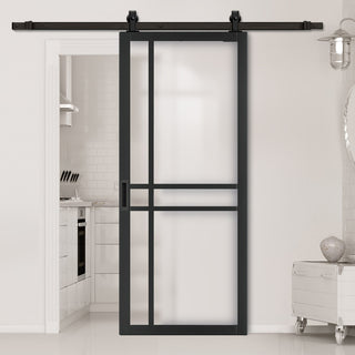 Image: Top Mounted Black Sliding Track & Solid Wood Door - Eco-Urban® Glasgow 6 Pane Solid Wood Door DD6314SG - Frosted Glass - Shadow Black Premium Primed