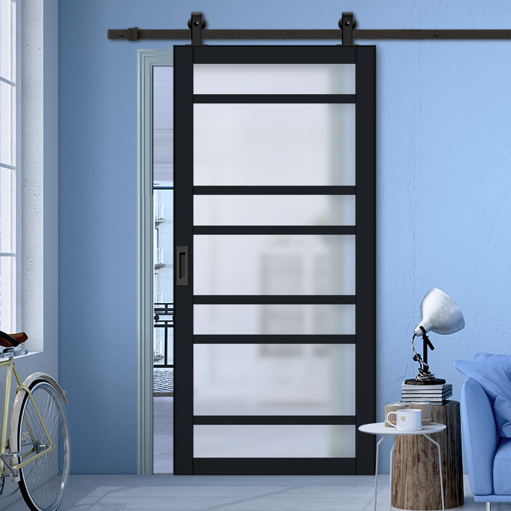 Top Mounted Black Sliding Track & Solid Wood Door - Eco-Urban® Metropolitan 7 Pane Solid Wood Door DD6405SG Frosted Glass - Shadow Black Premium Primed