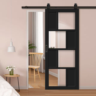 Image: Top Mounted Black Sliding Track & Solid Wood Door - Eco-Urban® Cusco 4 Pane 4 Panel Solid Wood Door DD6416G Clear Glass - Shadow Black Premium Primed