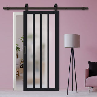 Image: Top Mounted Black Sliding Track & Solid Wood Door - Eco-Urban® Sintra 4 Pane Solid Wood Door DD6428SG Frosted Glass - Shadow Black Premium Primed