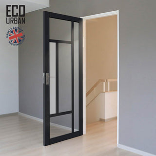 Image: Handmade Eco-Urban Portobello 5 Pane Solid Wood Internal Door UK Made DD6438G Clear Glass(1 FROSTED PANE) - Eco-Urban® Shadow Black Premium Primed