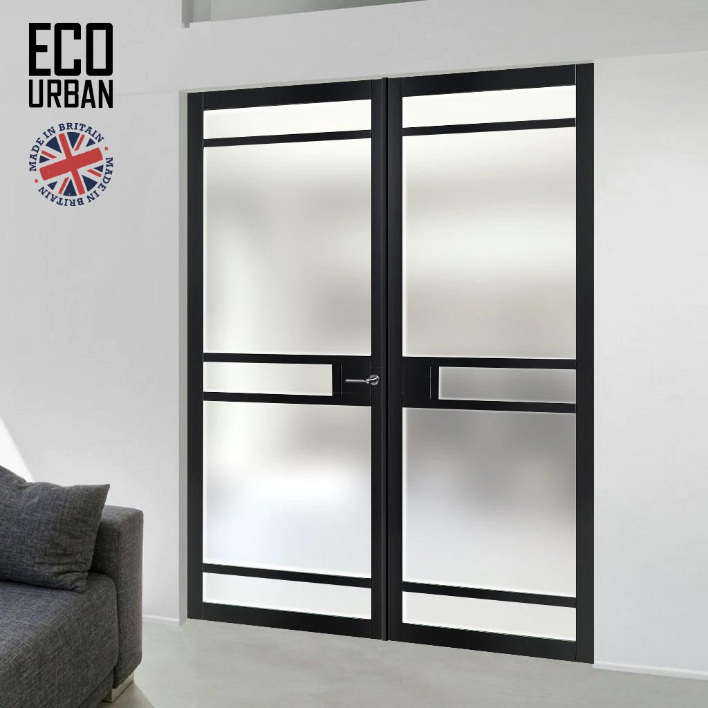 Eco-Urban Sheffield 5 Pane Solid Wood Internal Door Pair UK Made DD6312SG - Frosted Glass - Eco-Urban® Shadow Black Premium Primed