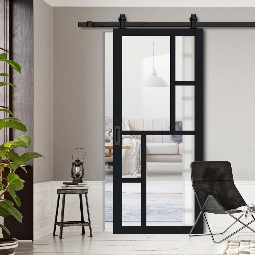 Top Mounted Black Sliding Track & Solid Wood Door - Eco-Urban® Cairo 6 Pane Solid Wood Door DD6419G Clear Glass - Shadow Black Premium Primed