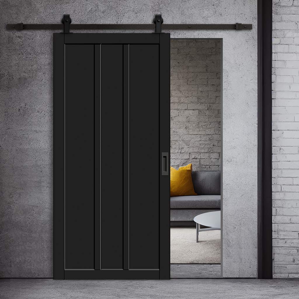 Top Mounted Black Sliding Track & Solid Wood Door - Eco-Urban® Cornwall 3 Panel Solid Wood Door DD6404 - Shadow Black Premium Primed