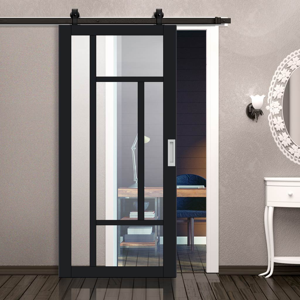 Top Mounted Black Sliding Track & Solid Wood Door - Eco-Urban® Morningside 5 Pane Solid Wood Door DD6437G Clear Glass - Shadow Black Premium Primed