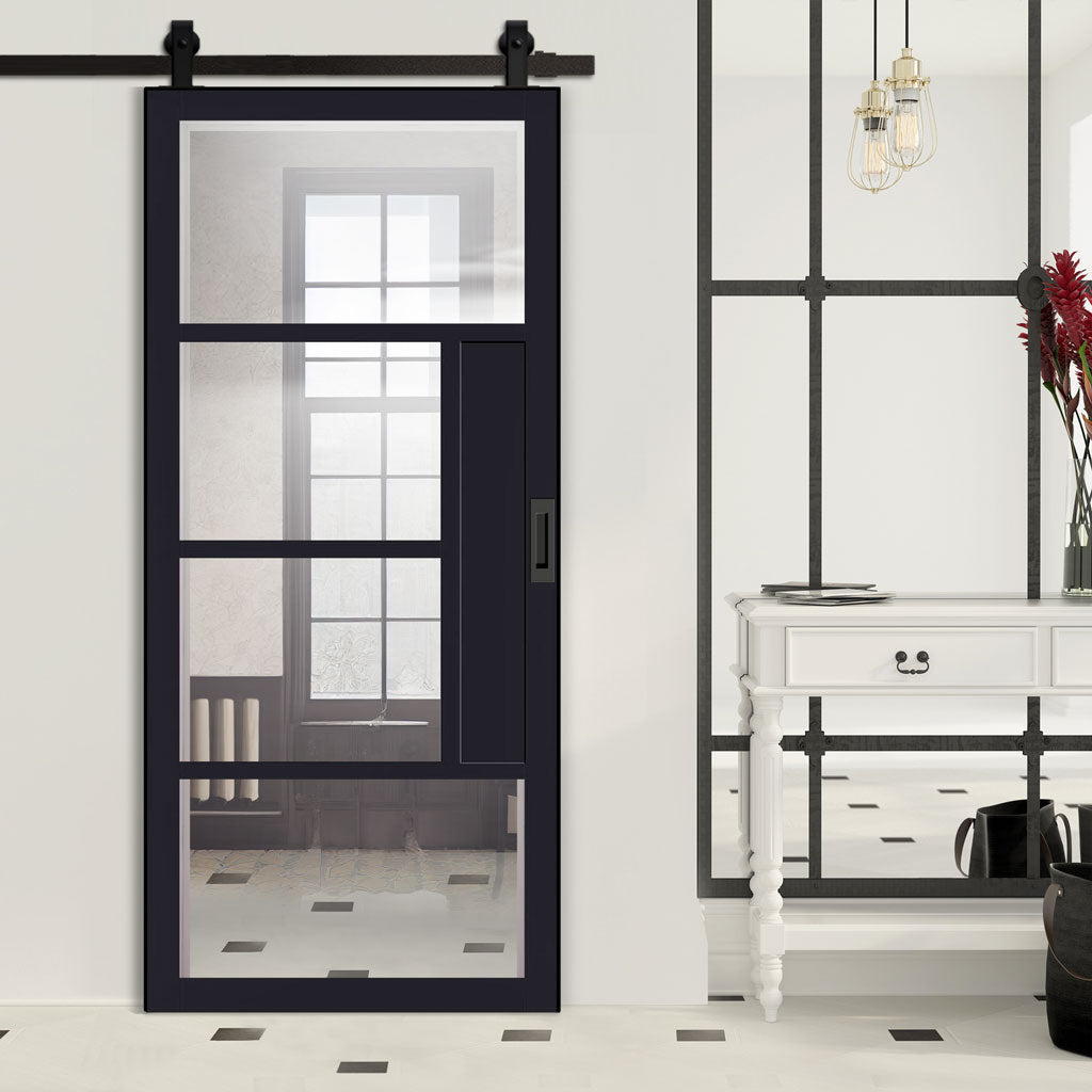 Top Mounted Black Sliding Track & Solid Wood Door - Eco-Urban® Boston 4 Pane Solid Wood Door DD6311G - Clear Glass - Shadow Black Premium Primed