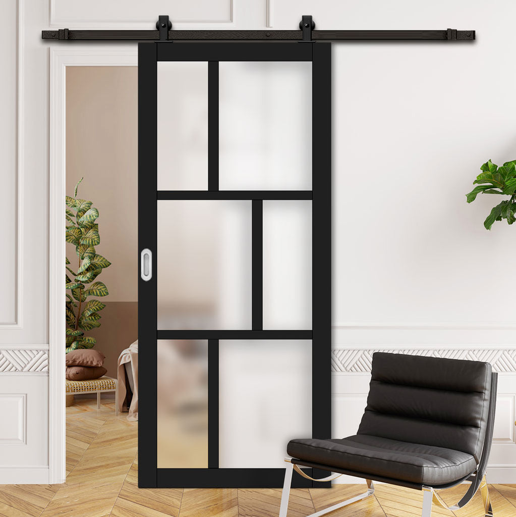 Top Mounted Black Sliding Track & Solid Wood Door - Eco-Urban® Milan 6 Pane Solid Wood Door DD6422SG Frosted Glass - Shadow Black Premium Primed