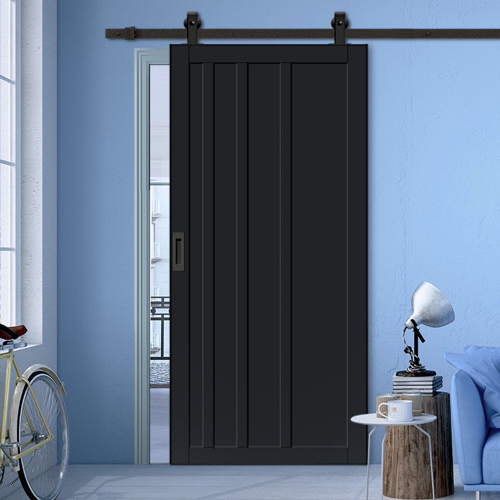 Top Mounted Black Sliding Track & Solid Wood Door - Eco-Urban® Malmo 4 Panel Solid Wood Door DD6401 - Shadow Black Premium Primed