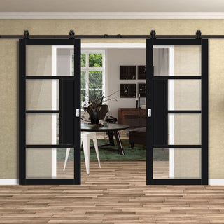 Image: Top Mounted Black Sliding Track & Solid Wood Double Doors - Eco-Urban® Boston 4 Pane Doors DD6311G - Clear Glass - Shadow Black Premium Primed