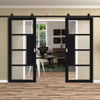 Top Mounted Black Sliding Track & Solid Wood Double Doors - Eco-Urban® Boston 4 Pane Doors DD6311G - Clear Glass - Shadow Black Premium Primed