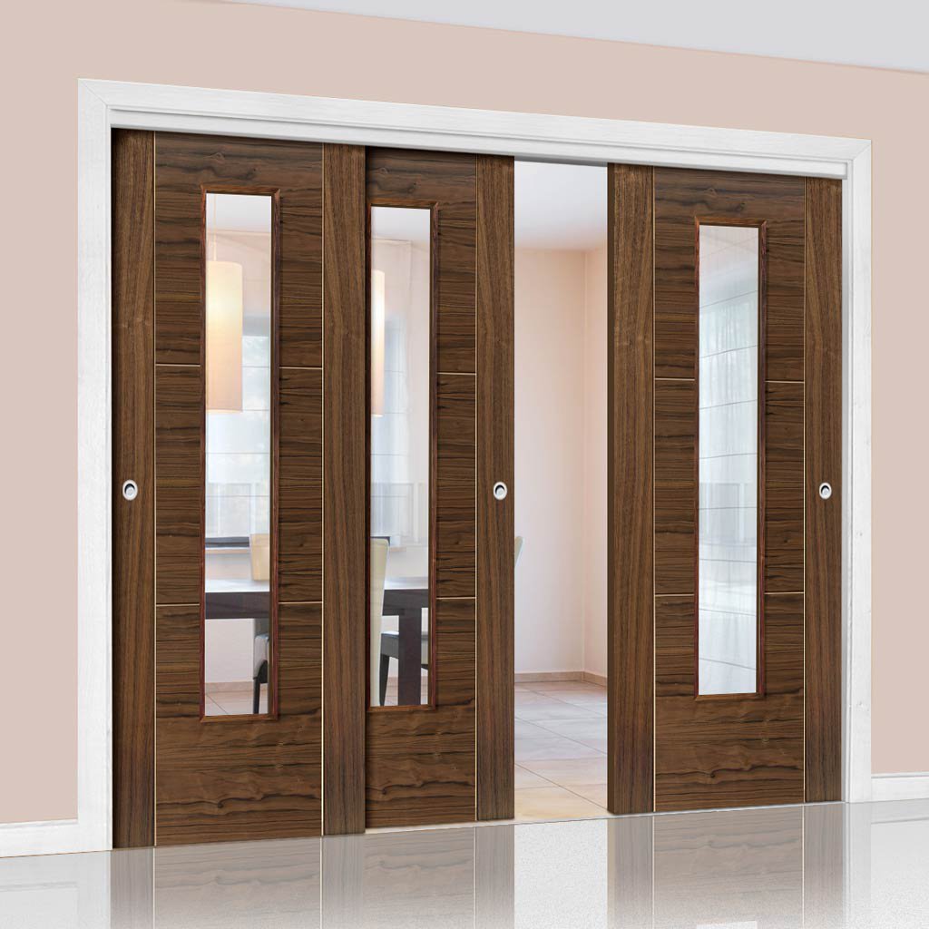 Three Sliding Doors and Frame Kit - Mistral Flush Walnut Door - Decor Grooves - Clear Glass - Prefinished