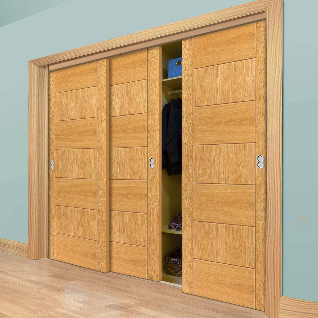 Three Sliding Wardrobe Doors & Frame Kit - Sirocco Flush Oak Door - Prefinished