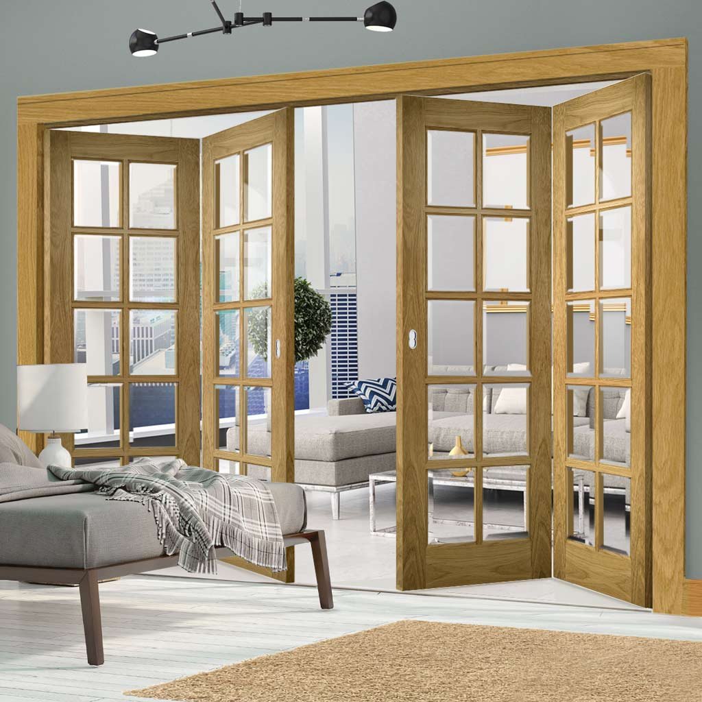 Four Folding Doors & Frame Kit - Bristol Oak 2+2 - 10 Pane Clear Bevelled Glass - Unfinished