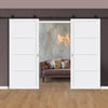 Top Mounted Black Sliding Track & Solid Wood Double Doors - Eco-Urban® Brooklyn 4 Panel Doors DD6307 - Cloud White Premium Primed