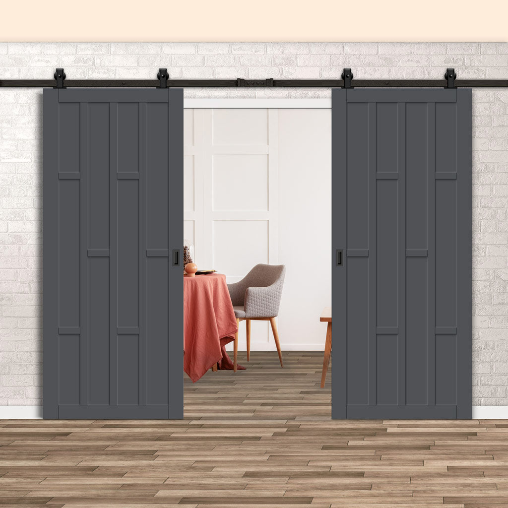 Top Mounted Black Sliding Track & Solid Wood Double Doors - Eco-Urban® Caledonia 10 Panel Doors DD6433 - Stormy Grey Premium Primed