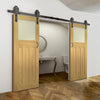 Double Sliding Door & Wagon Wheel Black Track - Cambridge Period Oak Door - Frosted Safety Glass - Unfinished