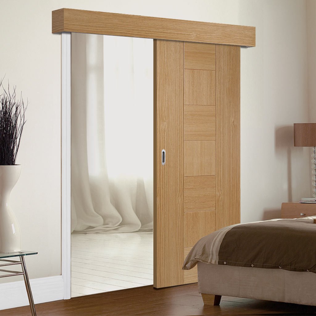 Single Sliding Door & Wall Track - Catalonia Flush Oak Door - Prefinished