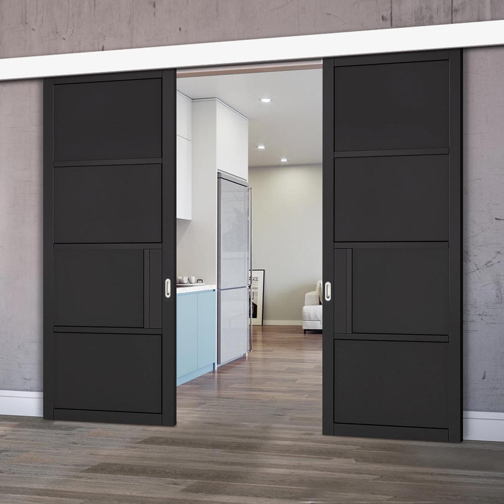 Double Sliding Door & Wall Track - Chelsea 4 Panel Black Painted Door - Prefinished