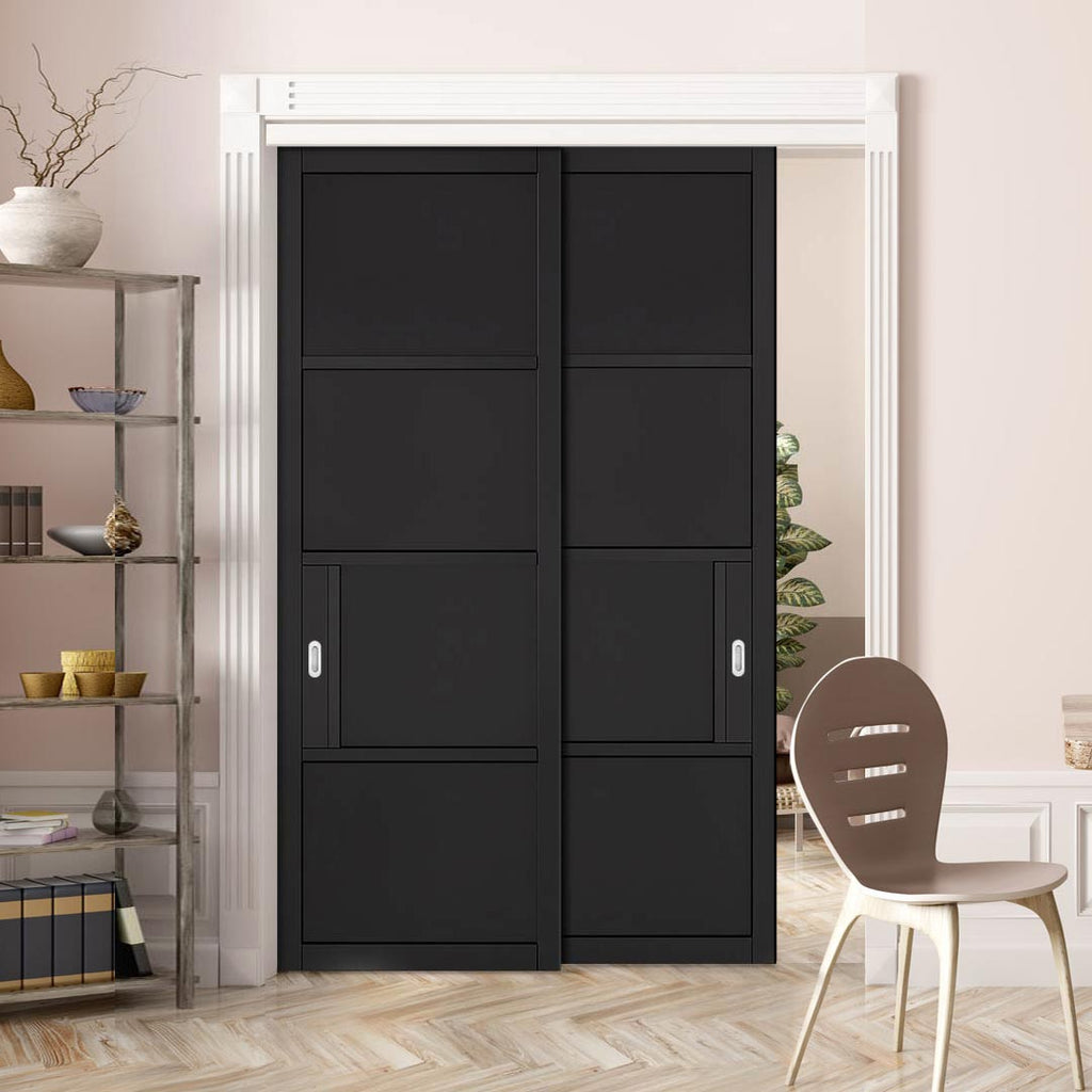 Pass-Easi Two Sliding Doors and Frame Kit - Chelsea 4 Panel Black Painted Door - Prefinished