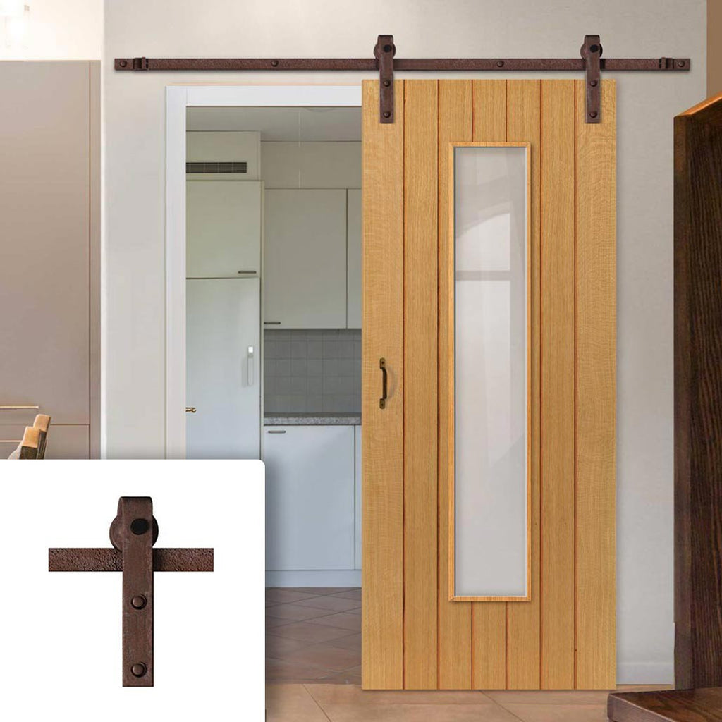 Single Sliding Door & Straight Antique Rust Track - Cherwell Cottage Oak Door - Clear Glass - Prefinished