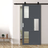 Top Mounted Black Sliding Track & Solid Wood Door - Eco-Urban® Tokyo 3 Pane 3 Panel Solid Wood Door DD6423G Clear Glass - Stormy Grey Premium Primed