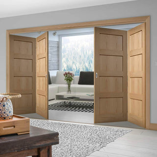 Image: Four Folding Doors & Frame Kit - Contemporary 4 Panel Oak 2+2 - Unfinished