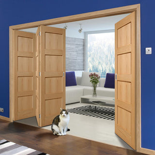 Image: Four Folding Doors & Frame Kit - Contemporary 4 Panel Oak 3+1 - Unfinished