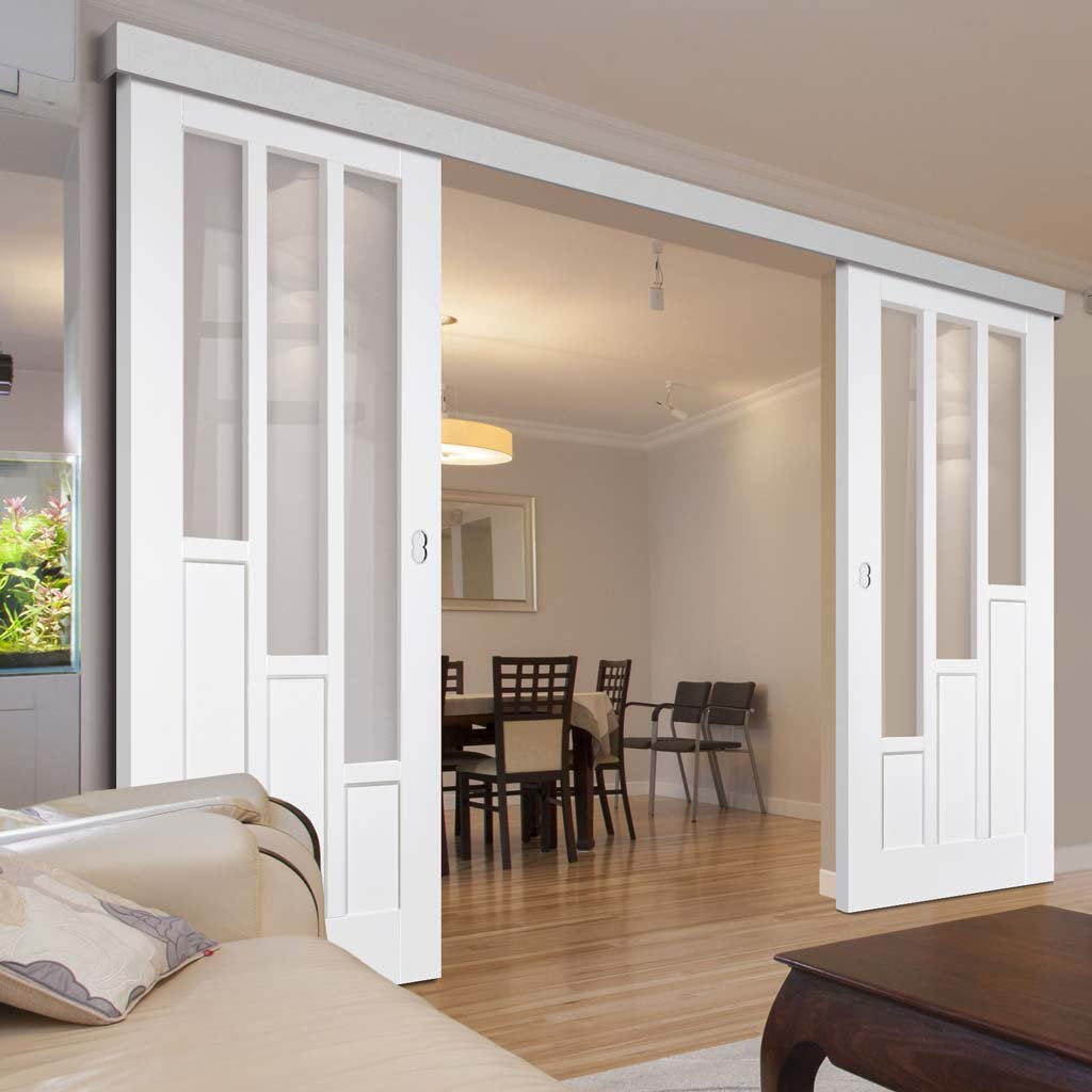 Double Sliding Door & Wall Track - Coventry Doors - Clear Glass - White Primed