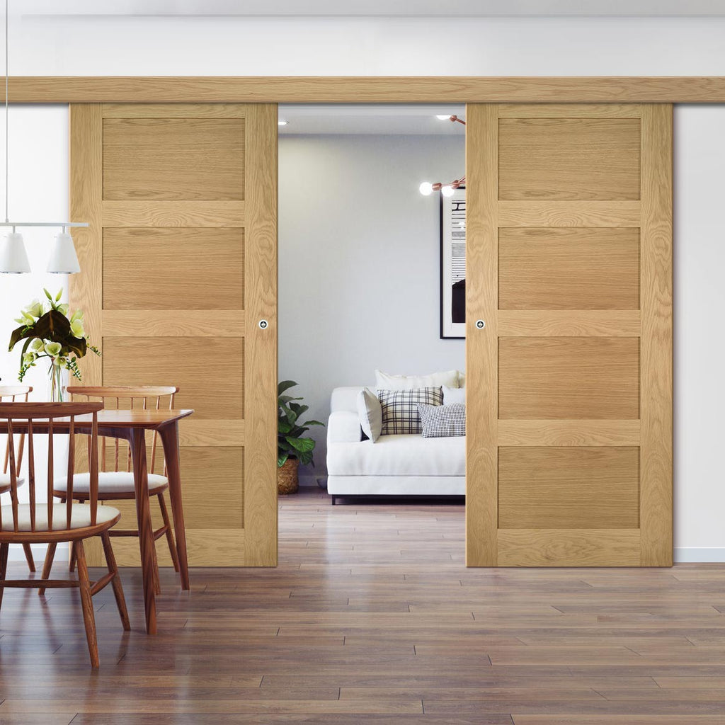 Double Sliding Door & Wall Track - Coventry Shaker Style Oak Door - Unfinished