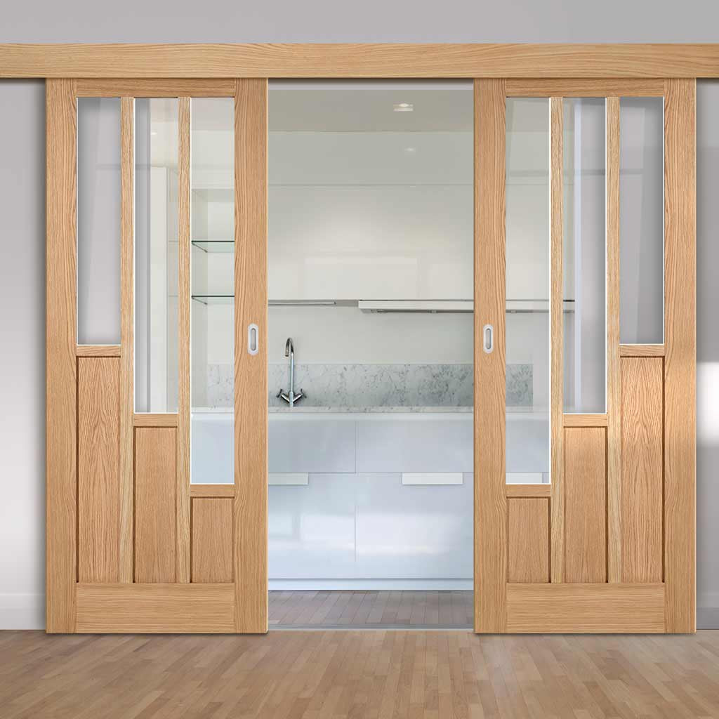 Double Sliding Door & Wall Track - Coventry Contemporary Oak Doors - Clear Glass