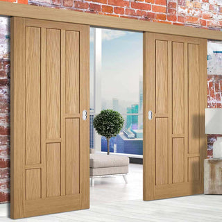 Image: Double Sliding Door & Wall Track - Coventry Contemporary Oak Panel Doors - Unfinished