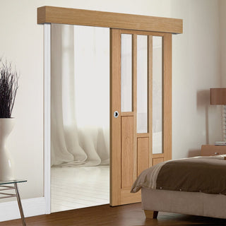 Image: Single Sliding Door & Wall Track - Coventry Contemporary Oak Door - Clear Glass - Unfinished