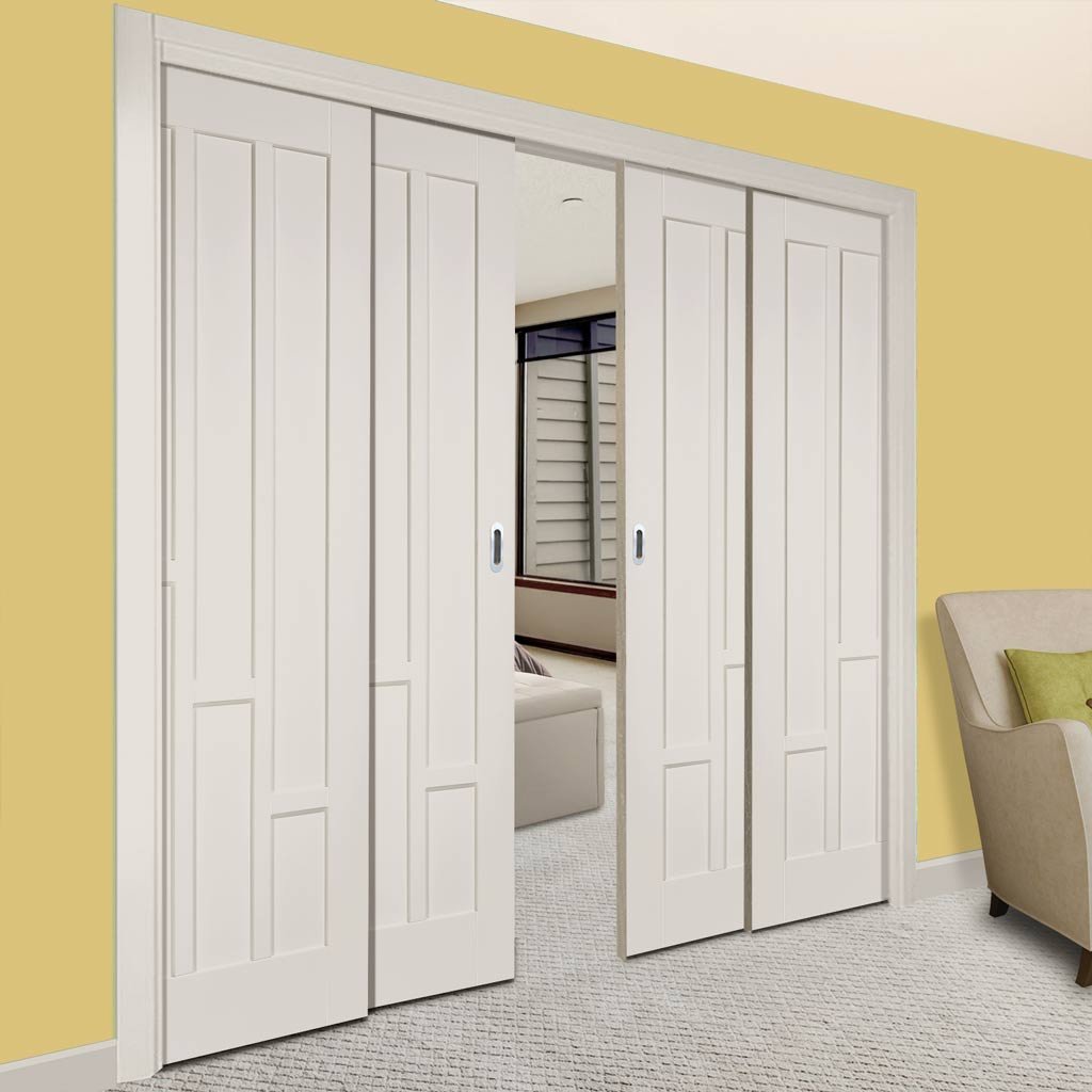 Coventry Style Panel Staffetta Quad Telescopic Pocket Doors - White Primed