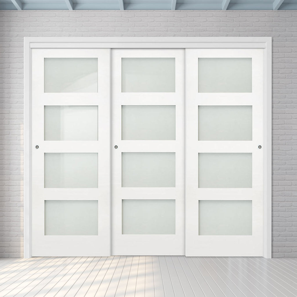 Pass-Easi Three Sliding Doors and Frame Kit - Coventry White Primed Shaker Door - Frosted Glass