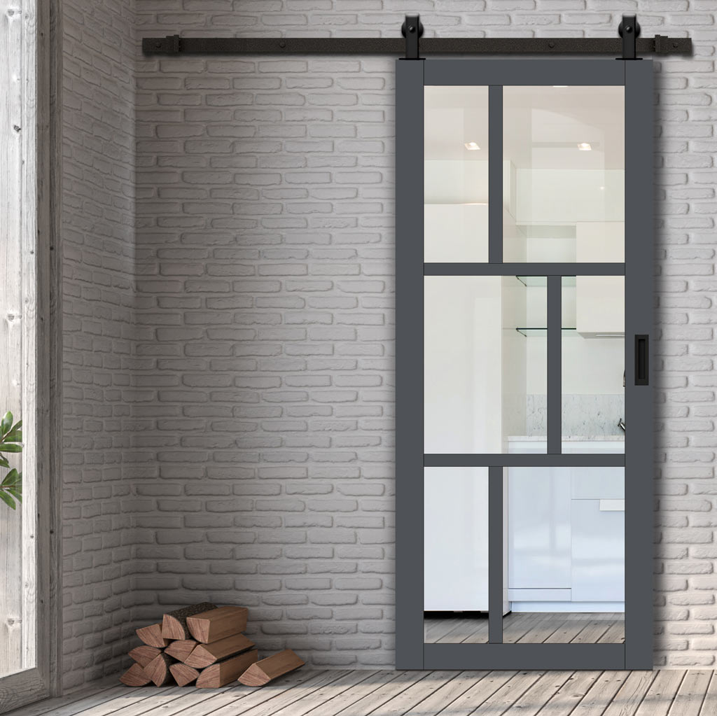 Top Mounted Black Sliding Track & Solid Wood Door - Eco-Urban® Milan 6 Pane Solid Wood Door DD6422G Clear Glass - Stormy Grey Premium Primed