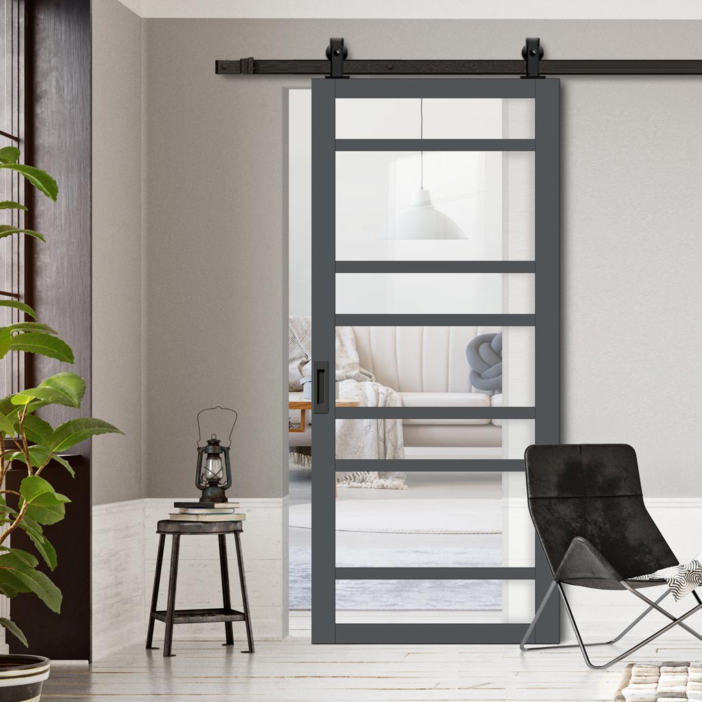 Top Mounted Black Sliding Track & Solid Wood Door - Eco-Urban® Metropolitan 7 Pane Solid Wood Door DD6405G Clear Glass - Stormy Grey Premium Primed