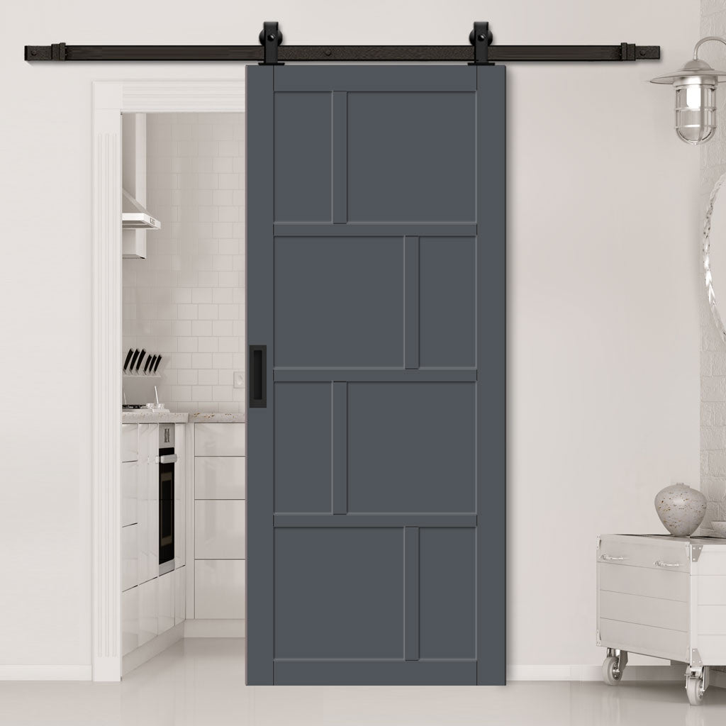 Top Mounted Black Sliding Track & Solid Wood Door - Eco-Urban® Kochi 8 Panel Solid Wood Door DD6415 - Stormy Grey Premium Primed