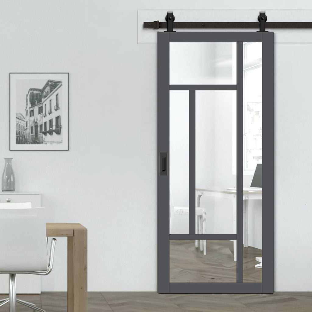 Top Mounted Black Sliding Track & Solid Wood Door - Eco-Urban® Morningside 5 Pane Solid Wood Door DD6437G Clear Glass - Stormy Grey Premium Primed