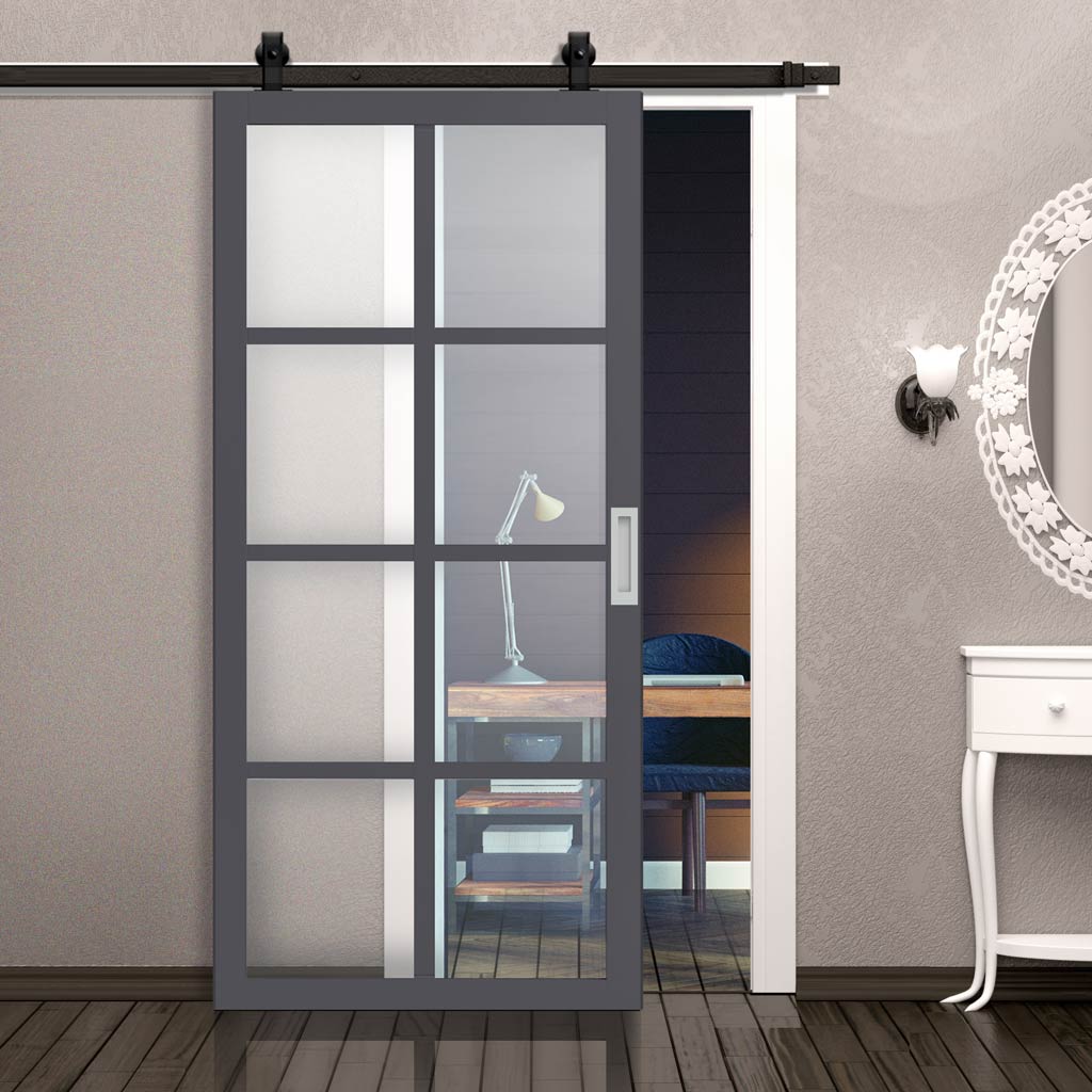 Top Mounted Black Sliding Track & Solid Wood Door - Eco-Urban® Perth 8 Pane Solid Wood Door DD6318G - Clear Glass - Stormy Grey Premium Primed