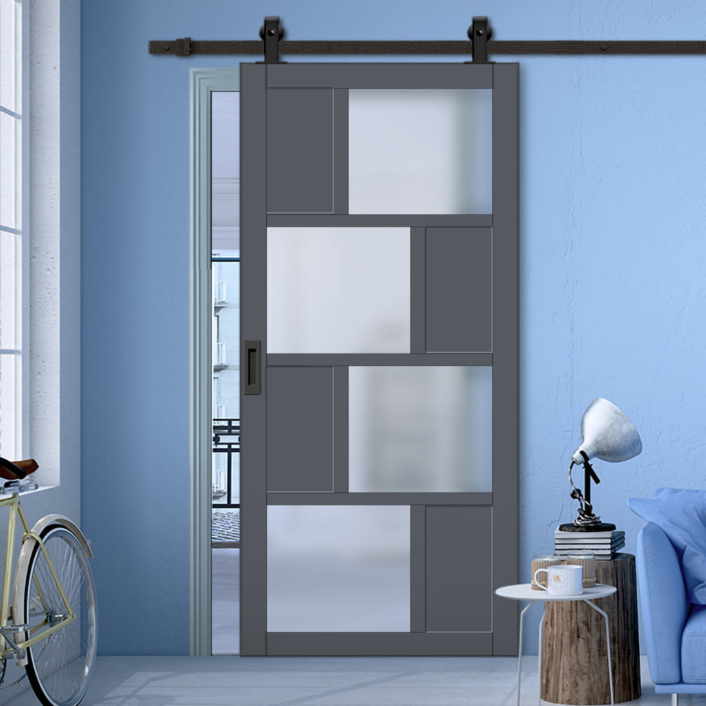 Top Mounted Black Sliding Track & Solid Wood Door - Eco-Urban® Cusco 4 Pane 4 Panel Solid Wood Door DD6416SG Frosted Glass - Stormy Grey Premium Primed