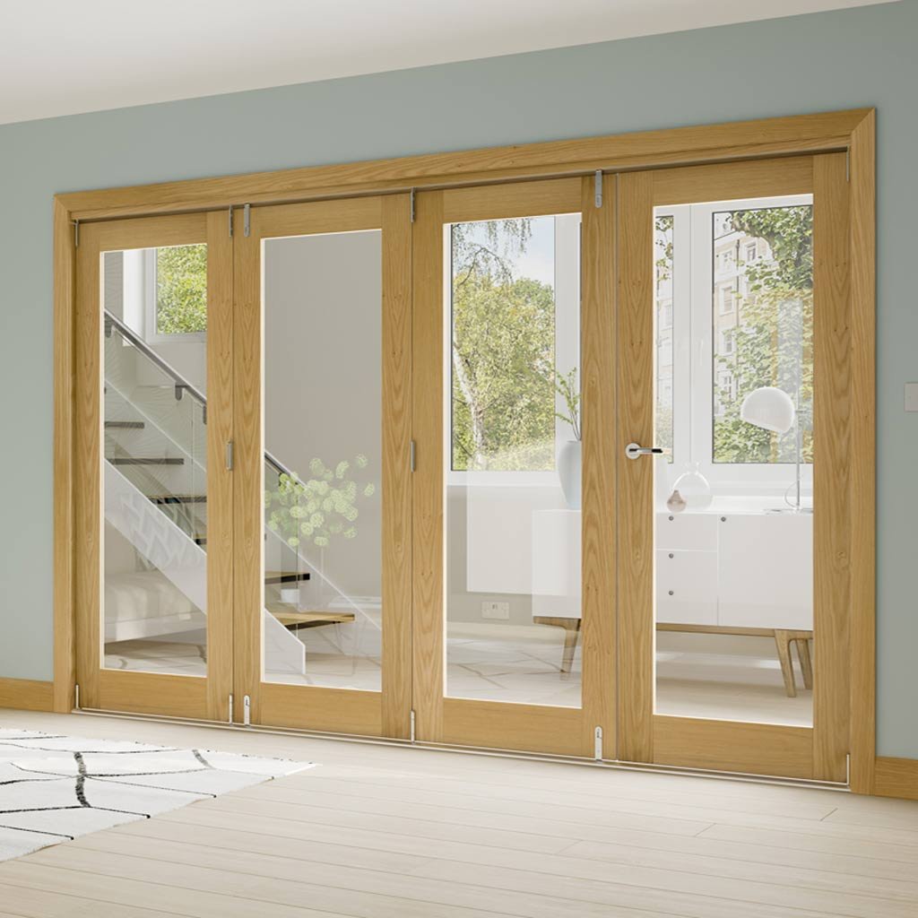 Four Folding Doors & Frame Kit - Walden Oak 3+1 - Clear Glass - Unfinished