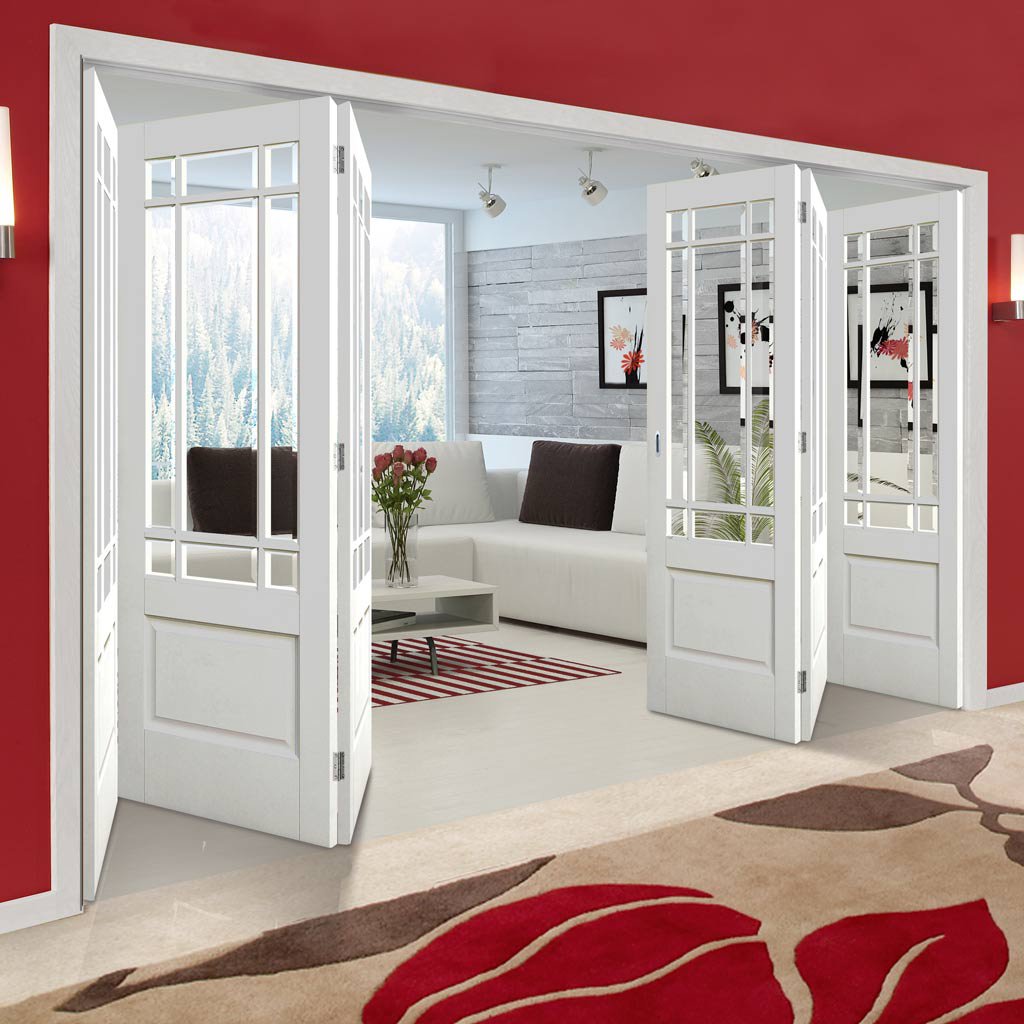 Six Folding Doors & Frame Kit - Downham 3+3 - Bevelled Clear Glass - White Primed