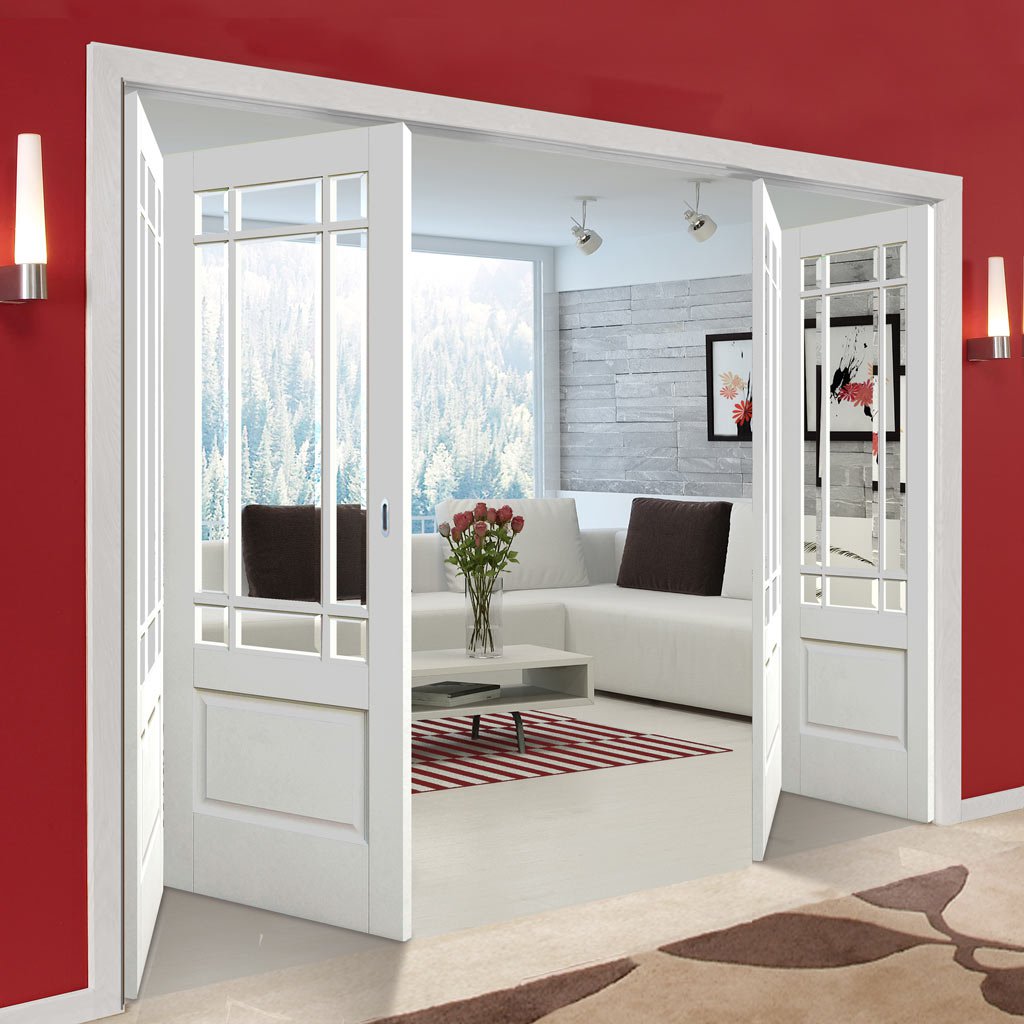 Four Folding Doors & Frame Kit - Downham 2+2 - Bevelled Clear Glass - White Primed